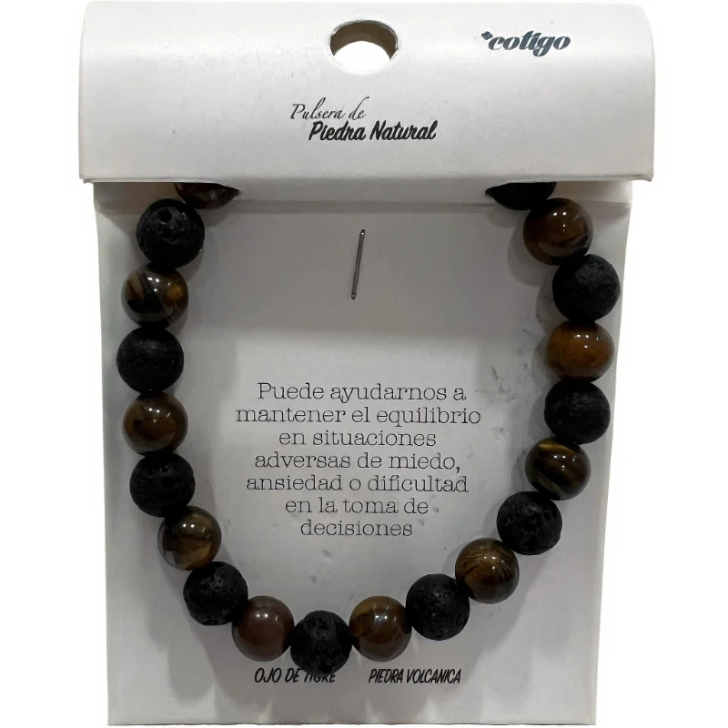 pulsera de piedra natural y ojo de tigre y piedra volcanica en su caja